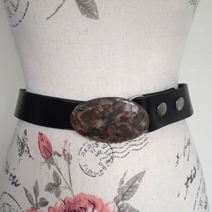 Vintage Black Leather Belt with natural granite stone buckle ❤️